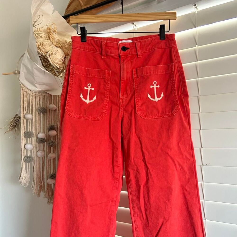 Askk Ny Red Anchor Embroidered Sailor wide leg Pants Size 28 novelty